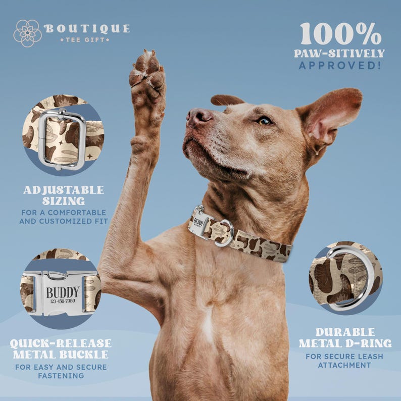 Puede incluir: Collar para perro con estampado de camuflaje marr&oacute;n y crema. Incluye ajuste ajustable, hebilla met&aacute;lica de liberaci&oacute;n r&aacute;pida y anilla en D met&aacute;lica duradera. El collar est&aacute; dise&ntilde;ado para un ajuste c&oacute;modo y seguro. Texto en el collar: "BUDDY".