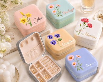Caja de joyería de viaje personalizada con la flor de nacimiento y nombre personalizado / Regalo de cumpleaños para mejor amiga, hermana o mamá (JE-2)