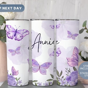 Spring Butterfly Tumbler, Personalized Violet Butterfly Tumbler, Custom Travel Mug, Gifts for Her, Women Tumbler Cup, (TM-25VIOLET)