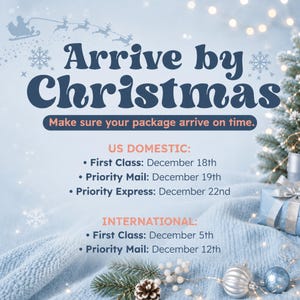May include: A light blue holiday-themed graphic with the text Arrive by Christmas and Make sure your package arrive on time. It lists US Domestic and International shipping deadlines for First Class, Priority Mail, and Priority Express services.