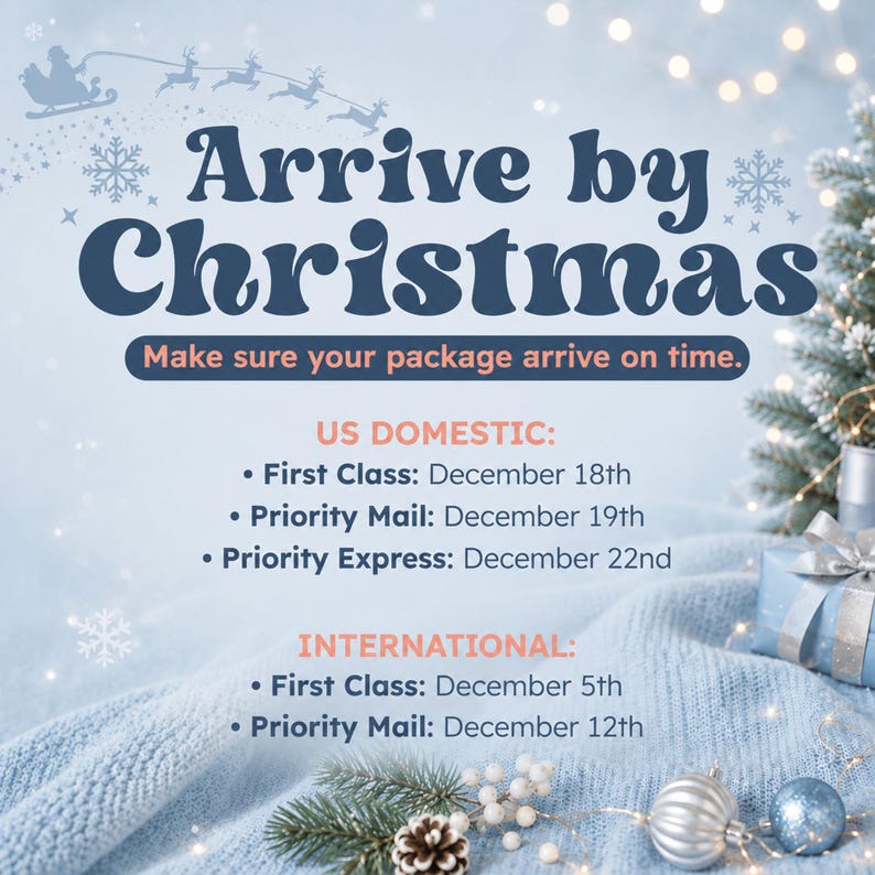 May include: A light blue holiday-themed graphic with the text Arrive by Christmas and Make sure your package arrive on time. It lists US Domestic and International shipping deadlines for First Class, Priority Mail, and Priority Express services.
