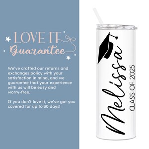 May include: White stainless steel tumbler with a black graduation cap and the text "Melissa" and "Class of 2025".