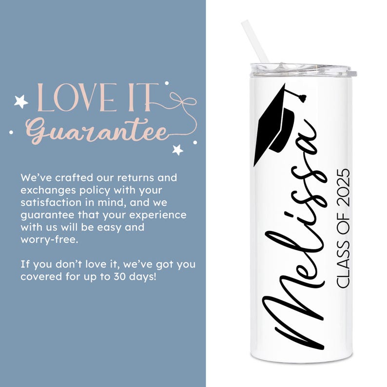 May include: White stainless steel tumbler with a black graduation cap and the text "Melissa" and "Class of 2025".