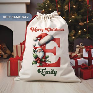 Custom Christmas Gift Bag, Personalized Initial Christmas Stocking Stuffers, Holiday Gift Sack Santa Bag, Custom Name Present Bag (SB-26)