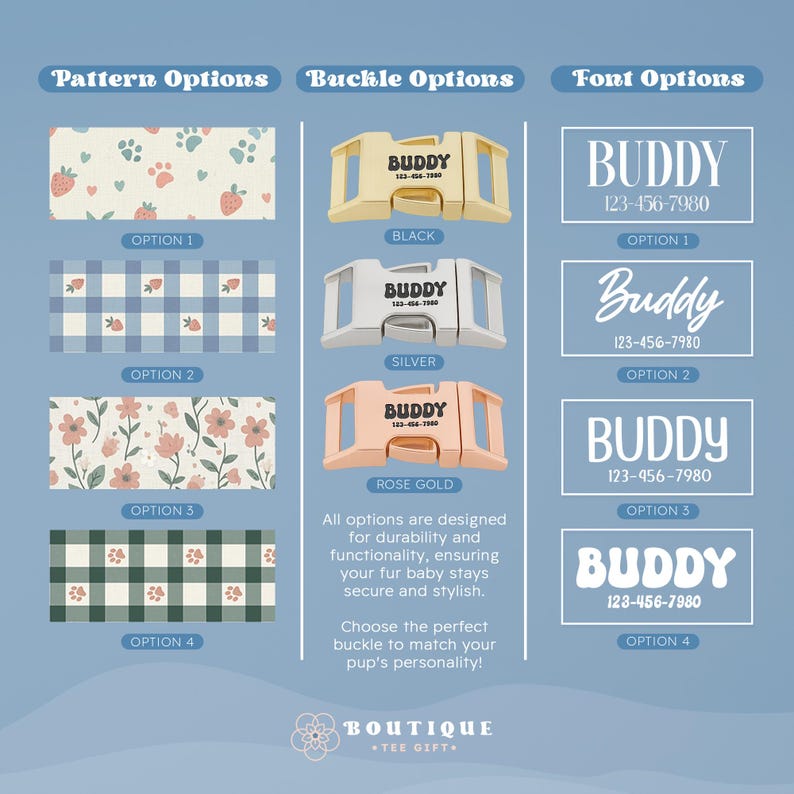 a variety of options for a "Buddy" pet harness, including different patterns, colors, and styles.
