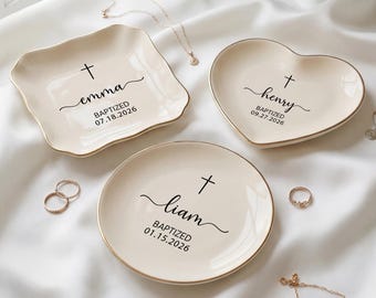 Personalized Baptism Keepsake for Her | Custom Cross Jewelry Dish| Religious Baby Gift Christening Favor (DK-11)