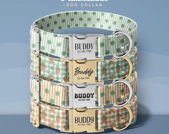 Gingham  Pattern Dog Collar With Green Shamrock, Engraved Name + Phone, Fabric With Gold Buckle(DOG165)