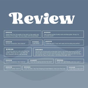 May include: A blue graphic display featuring the word Review in large white letters at the top. Below are twelve rectangular boxes containing five-star ratings and customer testimonials about t-shirt quality, material, and shipping speed.