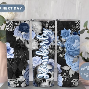 Skull Tumbler, Floral Skull Skinny Tumbler, Personalized Halloween Tumbler, Custom Skeleton Tumbler, Gothic Tumbler, (TM-29BLUE)