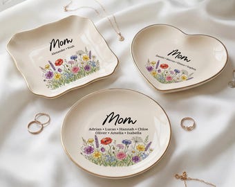 Personalized Mom Ring Dish With Children Names | Custom Floral Jewelry Dish | Mothers Day Gift From Kids (DK-70)