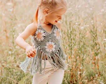 Sunflower And Daisies Halter Top For Kids, Groovy Birthday Top, Sunflower Photoshoot, Retro Fringe Halter