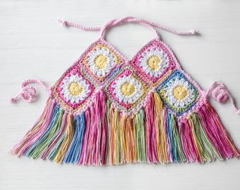 Wildflower Hippie Top For Kids, Groovy One Birthday, Two Groovy, Boho Photoshoot, Handmade Crochet Halter For Kids