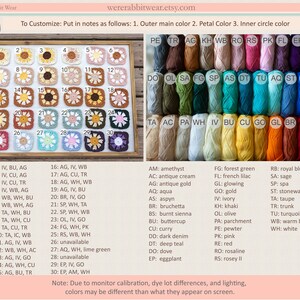 K&ouml;nnte beinhalten: Eine Tabelle mit 30 Farbmustern, die jeweils eine andere Garnfarbe darstellen. Die Tabelle ist mit den Nummern 1-30 und dem entsprechenden Garnfarbcode beschriftet. Die Garnfarben umfassen Farbt&ouml;ne von Blau, Gr&uuml;n, Rot, Gelb, Orange, Braun, Rosa, Lila und Wei&szlig;. Die Tabelle tr&auml;gt den Titel "Zum Anpassen: Notieren Sie die folgenden Angaben: 1. Farbe des &auml;u&szlig;eren Kreises 2. Farbe der Bl&uuml;tenbl&auml;tter 3. Farbe des inneren Kreises".