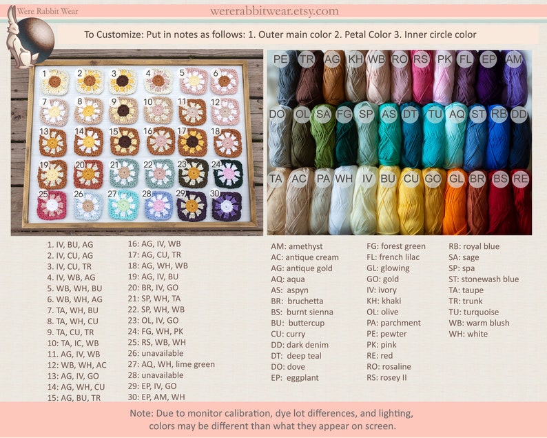K&ouml;nnte beinhalten: Eine Tabelle mit 30 Farbmustern, die jeweils eine andere Garnfarbe darstellen. Die Tabelle ist mit den Nummern 1-30 und dem entsprechenden Garnfarbcode beschriftet. Die Garnfarben umfassen Farbt&ouml;ne von Blau, Gr&uuml;n, Rot, Gelb, Orange, Braun, Rosa, Lila und Wei&szlig;. Die Tabelle tr&auml;gt den Titel "Zum Anpassen: Notieren Sie die folgenden Angaben: 1. Farbe des &auml;u&szlig;eren Kreises 2. Farbe der Bl&uuml;tenbl&auml;tter 3. Farbe des inneren Kreises".