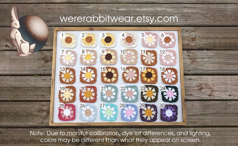 K&ouml;nnte beinhalten: Eine gerahmte Anzeige von 30 geh&auml;kelten Quadraten in verschiedenen Farben, darunter Gelb, Braun, Rosa, Gr&uuml;n und Blau. Jedes Quadrat zeigt ein Blumendesign in der Mitte. Die Quadrate sind von 1 bis 30 nummeriert. Der Text "wererabbitwear.etsy.com" wird oben am Rahmen angezeigt. Der Text "Hinweis: Aufgrund der Monitor-Kalibrierung, Farbstoff-Los-Unterschiede und Beleuchtung k&ouml;nnen die Farben von denen abweichen, die auf dem Bildschirm angezeigt werden." wird unterhalb des Rahmens angezeigt.