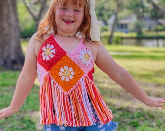 Bright Daisy Halter Top For Kids, Groovy One Birthday, Two Groovy, Boho Photoshoot, Handmade Crochet Halter For Kids