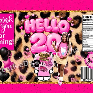 Hello Twenty-feestje gunst, chipzakje sjabloon, Twenty Birthday Party chipzakje, luipaard en roze chipzakje, digitale download, afdrukbare sjabloon