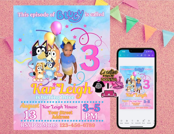 Printable Editable Bluey Invitation, Bluey Birthday Invite, Bluey Party Invite template, girl birthday, bday invite