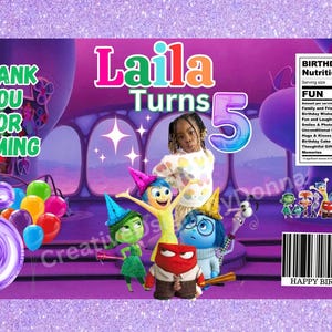 May include: A purple and pink birthday party favor bag with a picture of a young girl and characters from the movie Inside Out. The bag says "Laila Turns 5" and "Thank You For Coming". The bag also has a nutrition facts label that says "Birthday Girl Nutrition Facts" and lists various fun facts like "Family and Friends 100%" and "Hugs & Kisses 100%".