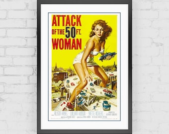 50フィートの女の襲撃|ヴィンテージホラー映画ポスタークラシックホラー映画、ホラー映画の装飾、ホラー映画ポスター、デジタル映画ポスター