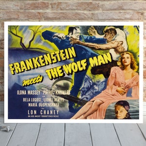 Frankenstein Meets The Wolfman | Vintage Horror Movie Poster, Classic Horror Movie, Horror Movie Decor, Horror Movie Posters, Digital Poster