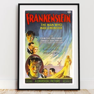 Classic Frankenstein Movie Poster | Horror Movie Poster, Frankenstein Art, Vintage Horror Movie Poster, Frankenstein Decor, Movie Posters