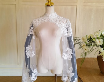 Floral Lace Bridal Bolero Shrug, Detachable Long Sleeves Lace Top Wedding Dress Topper