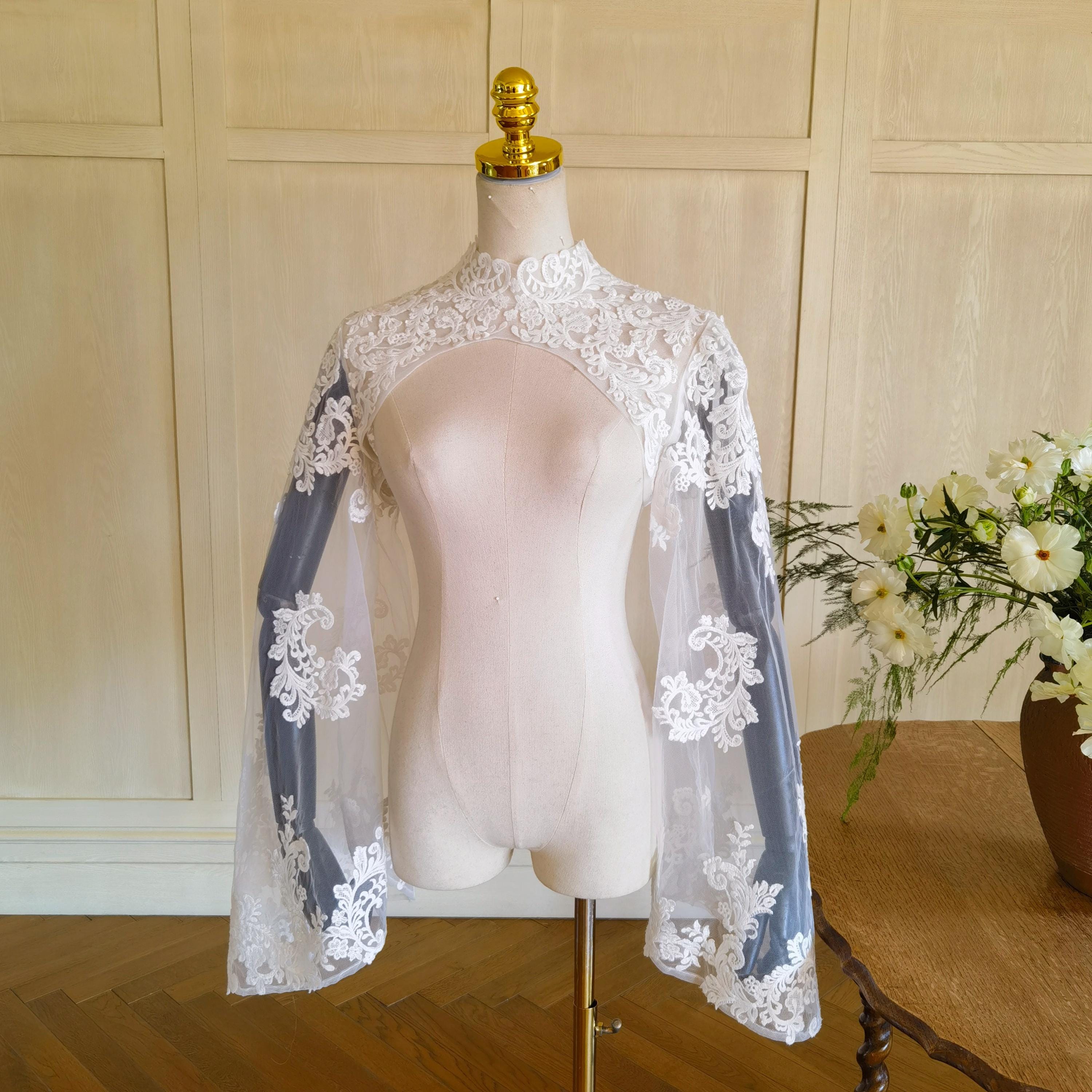 Floral Lace Bridal Bolero Shrug, Detachable Long Sleeves Lace Top Wedding Dress Topper
