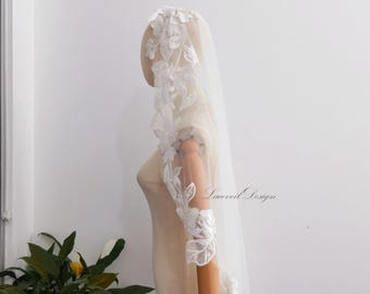 Light Champagne Mantilla Wedding Veil, Elegant French Floral Lace Chapel Veil