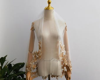 Orange Flowery Lace Wedding Veil, Elegant Ivory Tulle Pearls Fingertip Veil