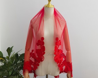 Vintage Red Flowery Lace Wedding Veil, Delicate Boho Leaf Fingertip Veil