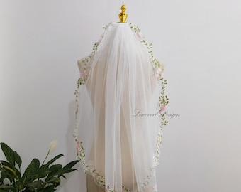 Green Leaves Lace Edge Short Elbow Veil, One Tier Pink Flowers Ivory Wedding Veil
