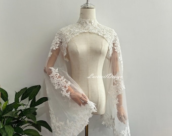 Ivory Floral Lace Bridal Bolero Shrug, Hanging Neck Wedding Dress Sleeves Lace Tops