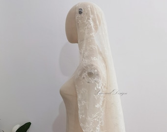 Light Champagne Mantilla Wedding Veil, Elegant French Floral Lace Chapel Veil