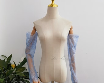 Dreamy Blue Eyelash Wedding Sleeves, Fitted Chantilly Lace Bridal Sleeves Fingerless Gloves