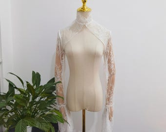 Ivory Floral Lace Bridal Bolero Shrug, Chantilly Eyelash Lace Bridal Cover Up Wedding Dress Topper