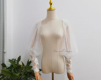 Detachable Puff Sleeves Fitted Wrist Wedding Dress Add Ons, Floral Lace Button Sleeves