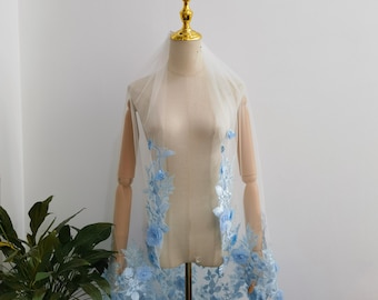 Sky Blue 3D Wildflowers Wedding Veil, Shiny Rhinestone Fingertip Veil with Pearls