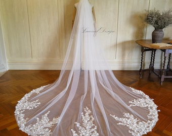 Sparkling Beaded Floral Lace Wedding Veil, 3D Flowers Pearls Cathedral Veil,