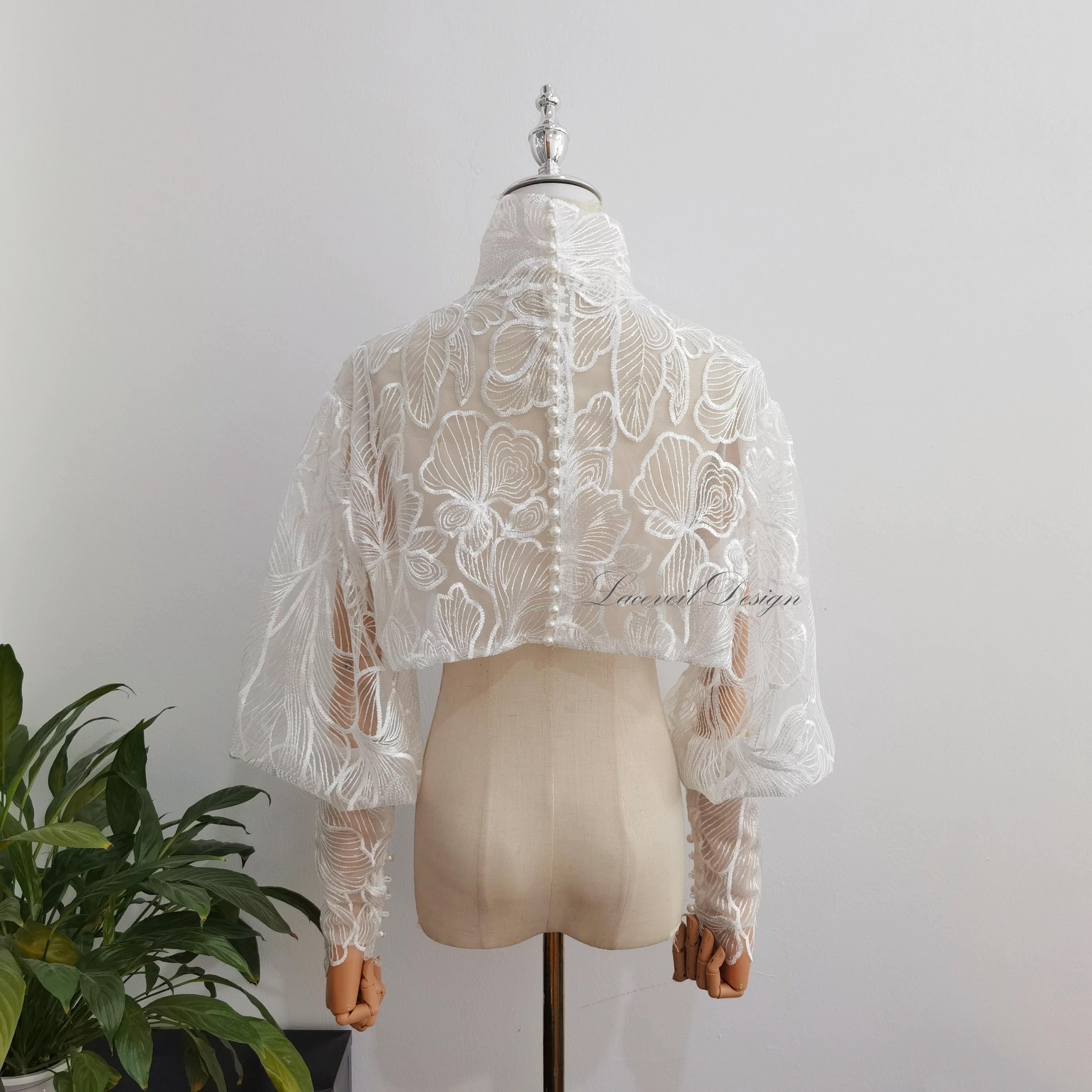 High Neck Leaf Lace Bridal Bolero, Detachable Ivory Sleeves