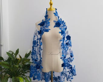 Blue 3D Flowers Fingertip Wedding Veil, Shiny Sequins Leaf Lace Bridal Veil