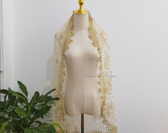 Celestial Sparkling Sequins Fingertip Veil, Moon and Stars Lace Trim Wedding Veil