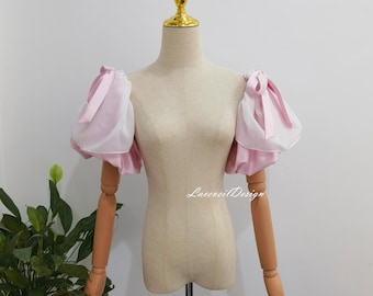 Mangas desmontables de satén rosa claro para vestido de novia, mangas nupciales con lazo y hombros descubiertos.