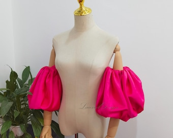 Hot Pink Satin Puff Sleeves for Wedding Dress, Custom Color Detachable Sleeves