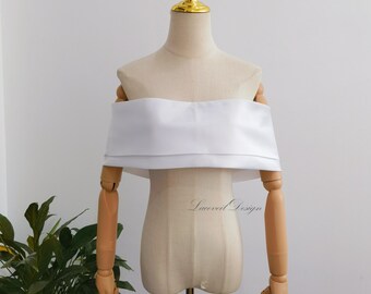 Minimalist Off Shoulder Satin Wedding Cape, White Bridal Shawl Wrap Pearls Back