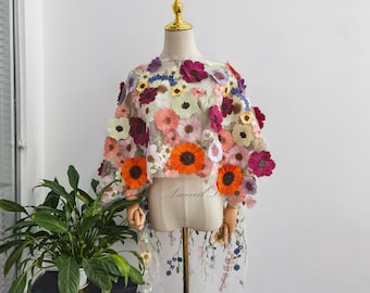 Colorful Daisy Flowers Wedding Cape, Off Shoulder Detachable Bridal Shawl Wrap