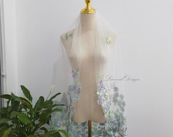 Colorful Scattered Flowers Wedding Veil, Lavender Green Floral Lace Short Fingertip Veil
