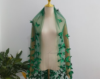 Vintage Emerald Green Fingertip Butterfly Wedding Veil, One Tier Soft Tulle Bridal Veil