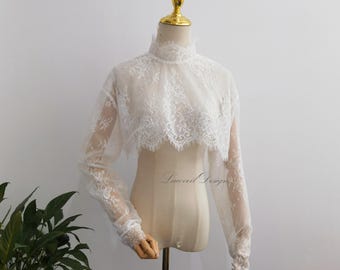 Chantilly Eyelash Edge Bridal Bolero, Wedding Dress Topper Long Sleeves Lace Cover Up