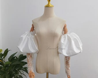 Abnehmbare Brautärmel aus Chantilly-Spitze, Ivory-Satin-Ärmel 2-tlg
